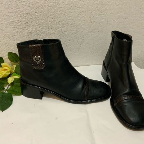 Brighton Lonnie Black Leather Cap Toe Zip Up Block Heel Ankle Boots Women's 9 N - Picture 1 of 13